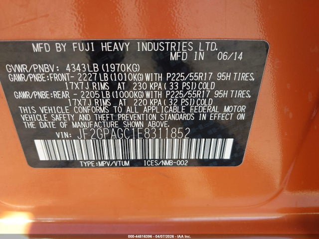 Продаж на аукціоні авто 2014 Subaru Xv Crosstrek 2.0i Limited, vin: JF2GPAGC1E8311852, номер лоту: 44816396
