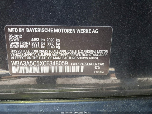 Продажа на аукционе авто 2012 Bmw 328i, vin: WBA3A5C5XCF348059, номер лота: 44816399