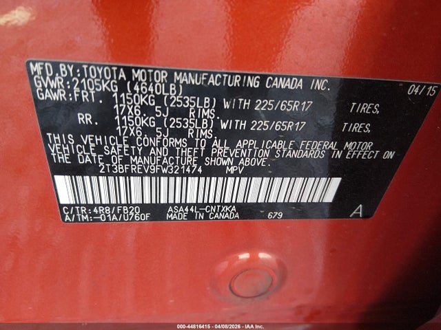 2T3BFREV9FW321474 Toyota RAV4 LE