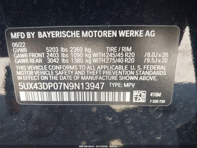 2022 Bmw X3 Sdrive30i მანქანა იყიდება აუქციონზე, vin: 5UX43DP07N9N13947, აუქციონის ნომერი: 44816416