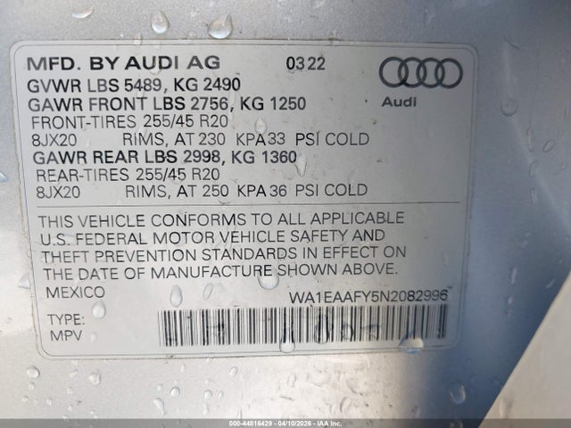 Продаж на аукціоні авто 2022 Audi Q5 Premium Plus 45 Tfsi S Line Quattro S Tronic, vin: WA1EAAFY5N2082996, номер лоту: 44816429