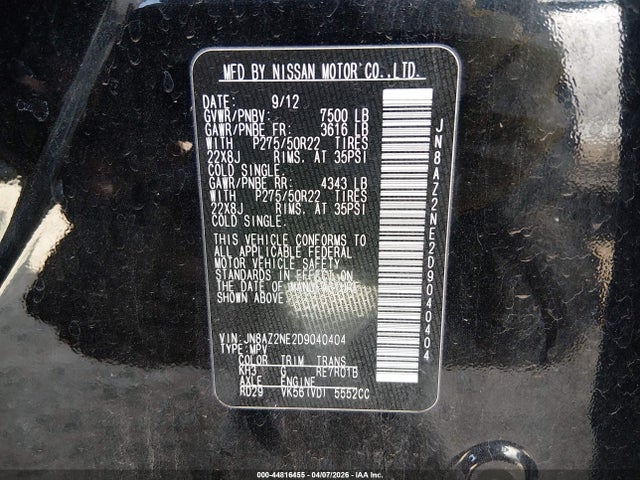 Aukcja sprzedaży 2013 Infiniti Qx56, vin: JN8AZ2NE2D9040404, numer aukcji: 44816455