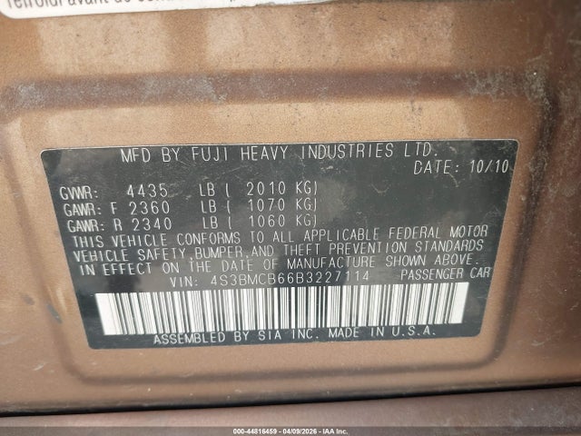 44816459 :رقم المزاد ، 4S3BMCB66B3227114 vin ، 2011 Subaru Legacy 2.5i Premium مزاد بيع