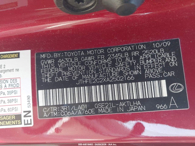 Продаж на аукціоні авто 2010 Lexus Is 350c, vin: JTHFE2C2XA2502166, номер лоту: 44816463