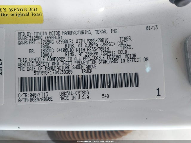 Продажа на аукционе авто 2013 Toyota Tundra Grade 5.7l V8, vin: 5TFRY5F17DX138385, номер лота: 44816466