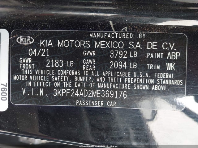 2021 Kia Forte Fe მანქანა იყიდება აუქციონზე, vin: 3KPF24AD2ME369176, აუქციონის ნომერი: 44816469