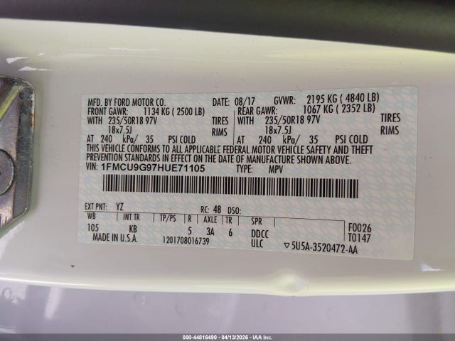 Aukcja sprzedaży 2017 Ford Escape Se, vin: 1FMCU9G97HUE71105, numer aukcji: 44816490