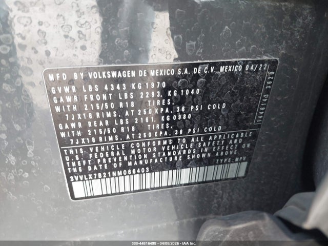 Продажа на аукционе авто 2022 Volkswagen Taos 1.5t Se, vin: 3VVLX7B21NM066403, номер лота: 44816498