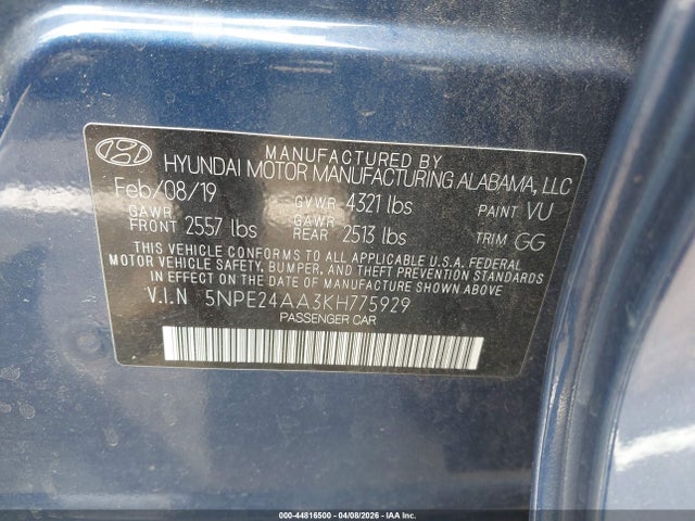 44816500 :رقم المزاد ، 5NPE24AA3KH775929 vin ، 2019 Hyundai Sonata Eco مزاد بيع