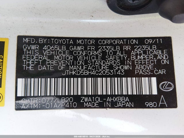 44816519 :رقم المزاد ، JTHKD5BH4C2053143 vin ، 2012 Lexus Ct 200h Premium مزاد بيع
