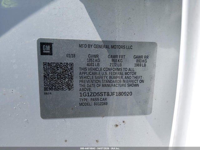 Auction sale of the 2018 Chevrolet Malibu Lt, vin: 1G1ZD5ST8JF180920, lot number: 44816543