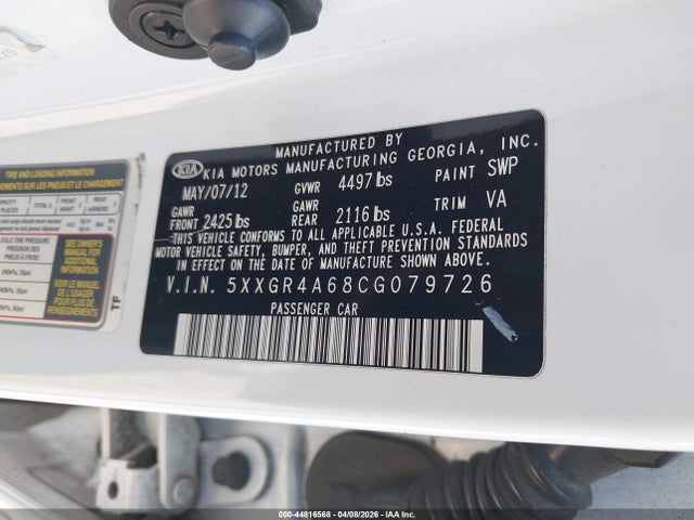 44816568 :رقم المزاد ، 5XXGR4A68CG079726 vin ، 2012 Kia Optima Sx مزاد بيع