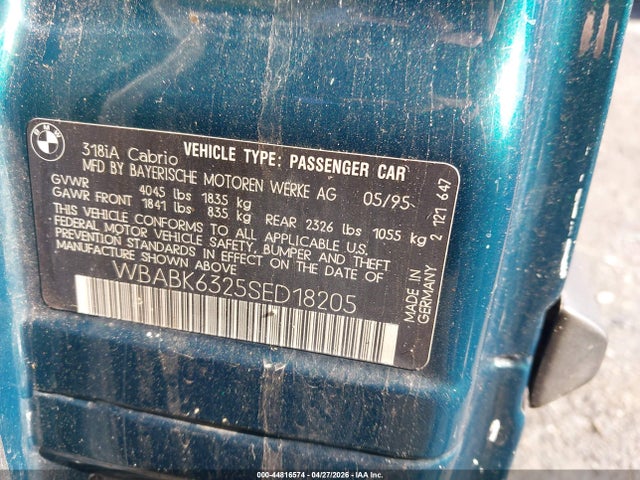 Продаж на аукціоні авто 1995 Bmw 318 Ic Automatic, vin: WBABK6325SED18205, номер лоту: 44816574