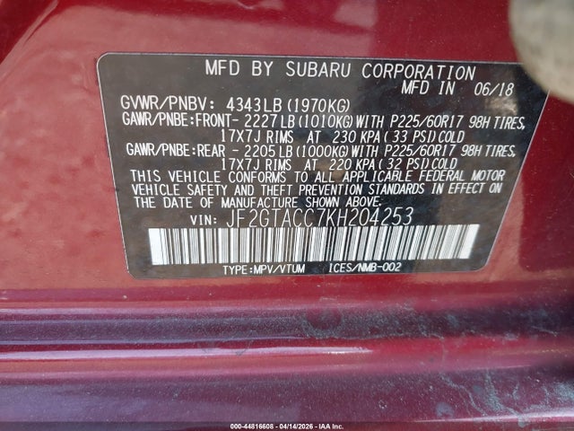 Продажа на аукционе авто 2019 Subaru Crosstrek 2.0i Premium, vin: JF2GTACC7KH204253, номер лота: 44816608