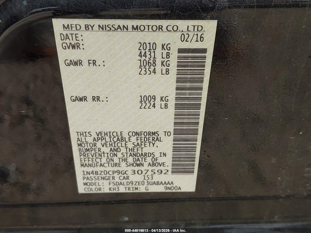 1N4BZ0CP9GC307592 Nissan LEAF SV