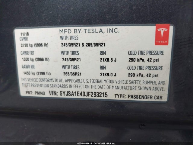 2018 Tesla Model S 100d/75d/p100d მანქანა იყიდება აუქციონზე, vin: 5YJSA1E40JF293215, აუქციონის ნომერი: 44816618