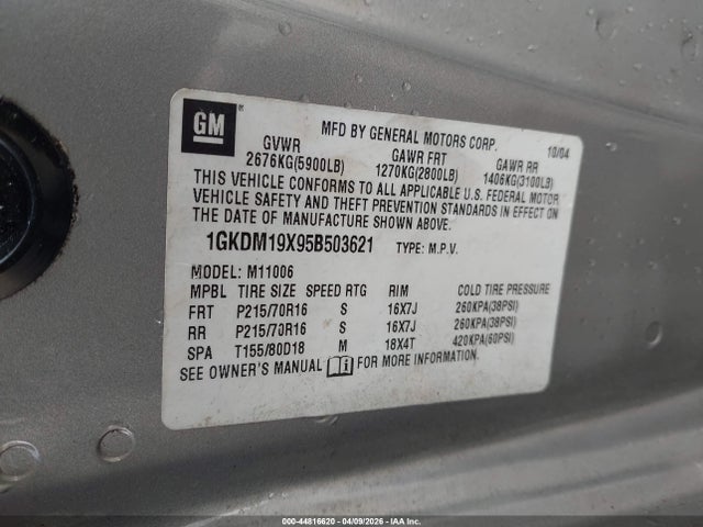 Aukcja sprzedaży 2005 Gmc Safari, vin: 1GKDM19X95B503621, numer aukcji: 44816620