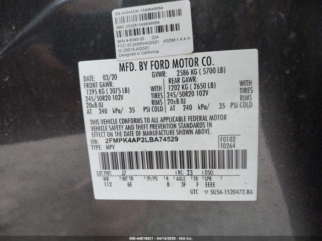 44816621 :رقم المزاد ، 2FMPK4AP2LBA74529 vin ، 2020 Ford Edge St مزاد بيع
