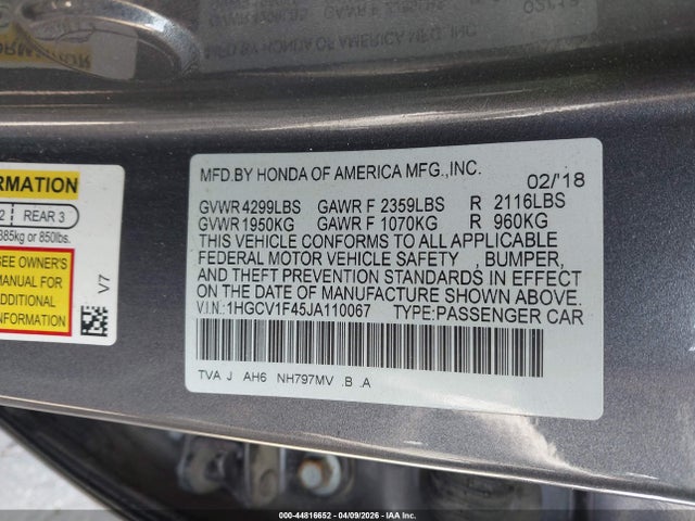 Honda ACCORD EX 2018 1HGCV1F45JA110067 Image 9