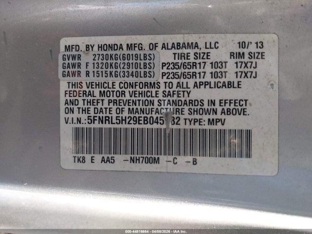 Honda ODYSSEY LX 2014 5FNRL5H29EB045982 Image 9