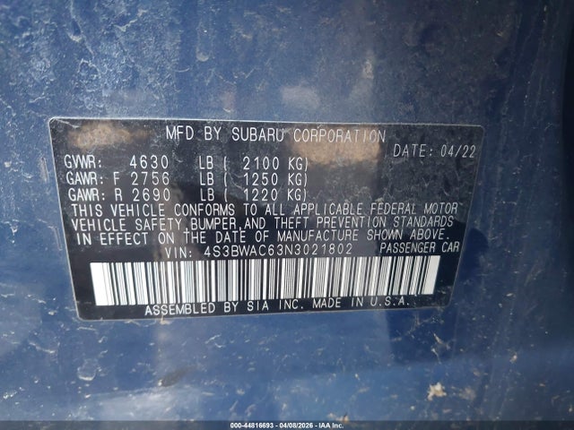 Aukcja sprzedaży 2022 Subaru Legacy Premium, vin: 4S3BWAC63N3021802, numer aukcji: 44816693