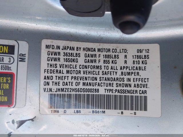 Aukcja sprzedaży 2013 Honda Insight Lx, vin: JHMZE2H56DS000288, numer aukcji: 44816719