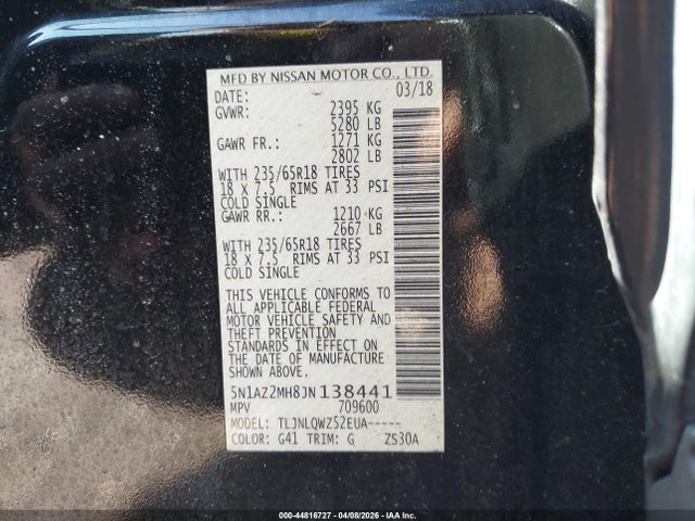 Aukcja sprzedaży 2018 Nissan Murano Sv, vin: 5N1AZ2MH8JN138441, numer aukcji: 44816727