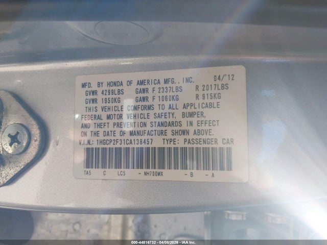 2012 Honda Accord 2.4 Lx მანქანა იყიდება აუქციონზე, vin: 1HGCP2F31CA138457, აუქციონის ნომერი: 44816732