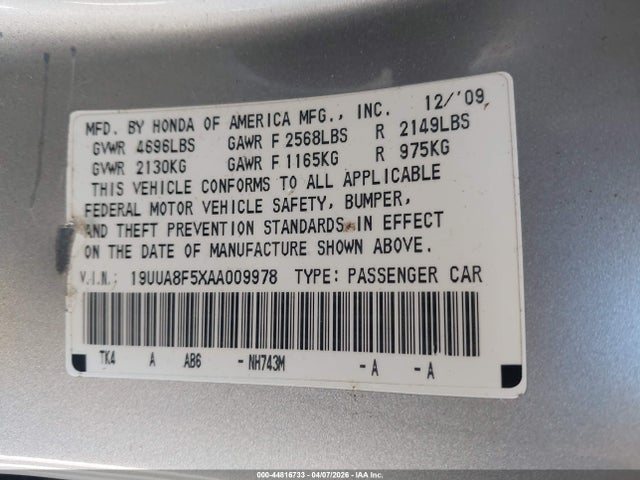 44816733 :رقم المزاد ، 19UUA8F5XAA009978 vin ، 2010 Acura Tl 3.5 مزاد بيع