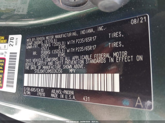 2021 Toyota Sienna Xle მანქანა იყიდება აუქციონზე, vin: 5TDJSKFCXMS036356, აუქციონის ნომერი: 44816738