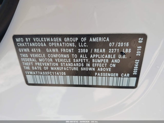 2015 Volkswagen Passat 1.8t Limited Edition მანქანა იყიდება აუქციონზე, vin: 1VWAT7A3XFC114105, აუქციონის ნომერი: 44816742
