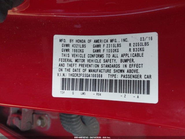 44816743 :رقم المزاد ، 1HGCR2F55GA166568 vin ، 2016 Honda Accord Sport مزاد بيع