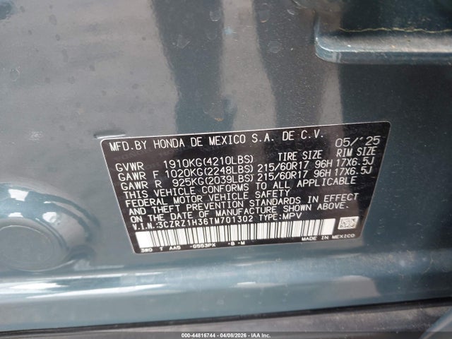 2026 Honda Hr-v 2wd Lx მანქანა იყიდება აუქციონზე, vin: 3CZRZ1H36TM701302, აუქციონის ნომერი: 44816744