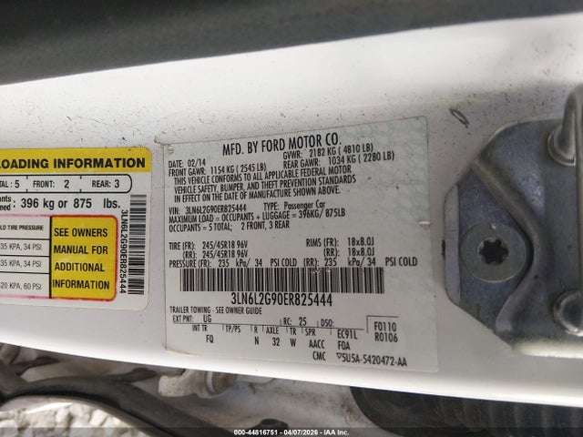 44816751 :رقم المزاد ، 3LN6L2G90ER825444 vin ، 2014 Lincoln Mkz مزاد بيع