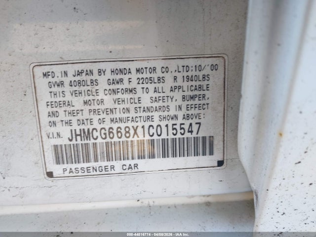 Aukcja sprzedaży 2001 Honda Accord 2.3 Ex, vin: JHMCG668X1C015547, numer aukcji: 44816774