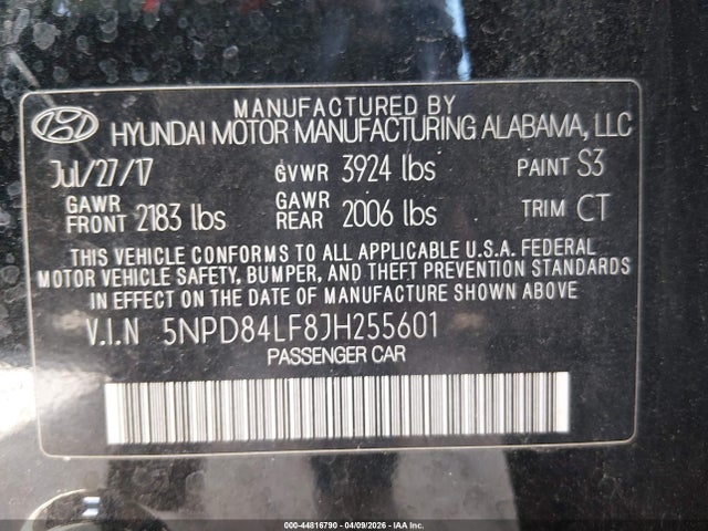 2018 Hyundai Elantra Sel მანქანა იყიდება აუქციონზე, vin: 5NPD84LF8JH255601, აუქციონის ნომერი: 44816790