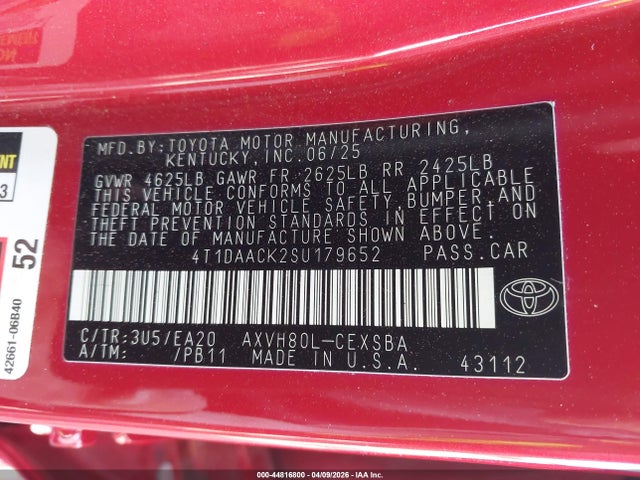 44816800 :رقم المزاد ، 4T1DAACK2SU179652 vin ، 2025 Toyota Camry Se مزاد بيع