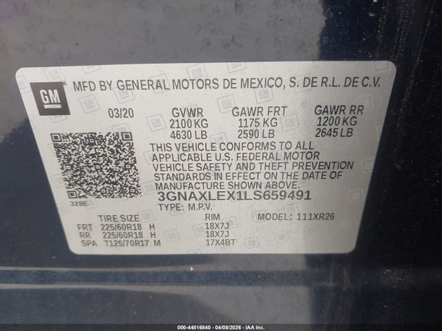 Aukcja sprzedaży 2020 Chevrolet Equinox Fwd Lt 2.0l Turbo, vin: 3GNAXLEX1LS659491, numer aukcji: 44816840