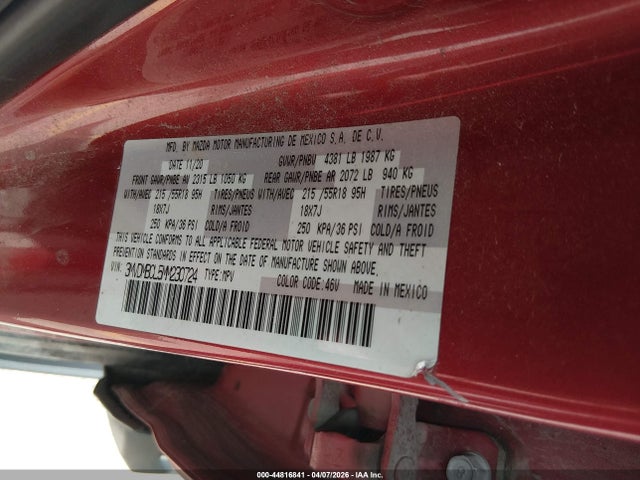 44816841 :رقم المزاد ، 3MVDMBCL5MM230724 vin ، 2021 Mazda Cx-30 Preferred مزاد بيع