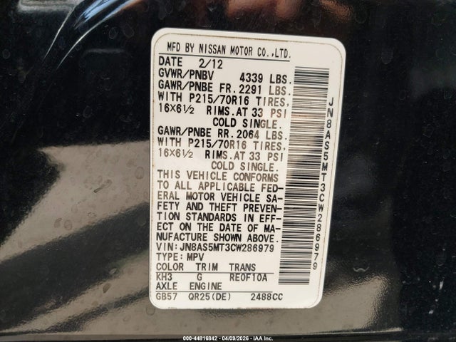 Продаж на аукціоні авто 2012 Nissan Rogue S, vin: JN8AS5MT3CW286979, номер лоту: 44816842