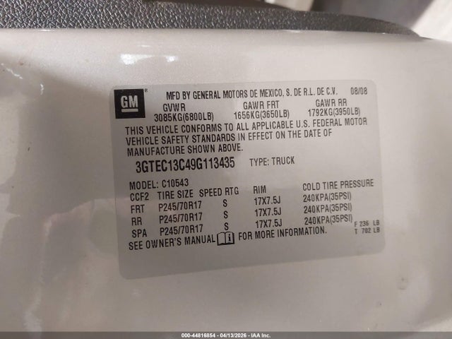 44816854 :رقم المزاد ، 3GTEC13C49G113435 vin ، 2009 Gmc Sierra 1500 Sl مزاد بيع