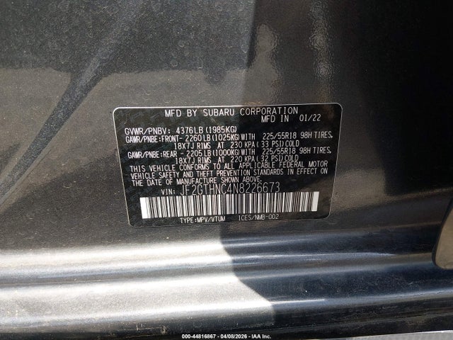 Aukcja sprzedaży 2022 Subaru Crosstrek Limited, vin: JF2GTHNC4N8226673, numer aukcji: 44816867