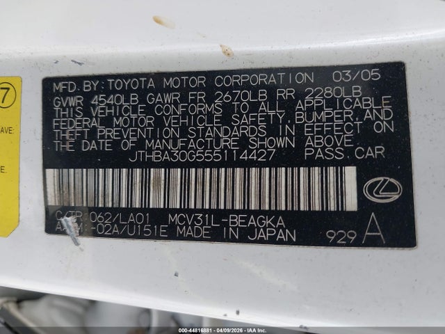 44816881 :رقم المزاد ، JTHBA30G555114427 vin ، 2005 Lexus Es 330 مزاد بيع