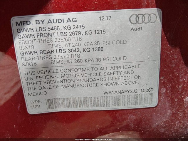 Продажа на аукционе авто 2018 Audi Q5 2.0t Premium/2.0t Tech Premium, vin: WA1ANAFY3J2110260, номер лота: 44816895