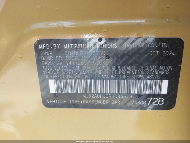Aukcja sprzedaży 2024 Mitsubishi Mirage Es/le, vin: ML32AUHJ0RH035519, numer aukcji: 44816919