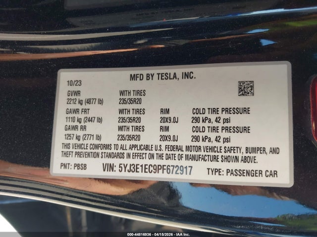 2023 Tesla Model 3 Performance Dual Motor All-wheel Drive მანქანა იყიდება აუქციონზე, vin: 5YJ3E1EC9PF672917, აუქციონის ნომერი: 44816936