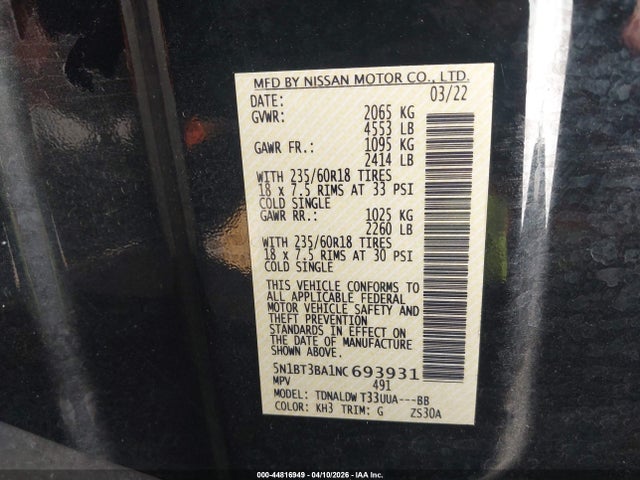 5N1BT3BA1NC693931 Nissan Rogue Sv Fwd