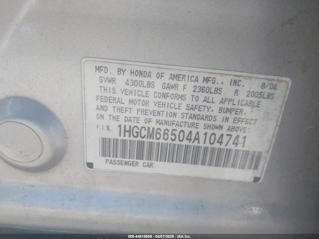 2004 Honda Accord 3.0 Ex მანქანა იყიდება აუქციონზე, vin: 1HGCM66504A104741, აუქციონის ნომერი: 44816959