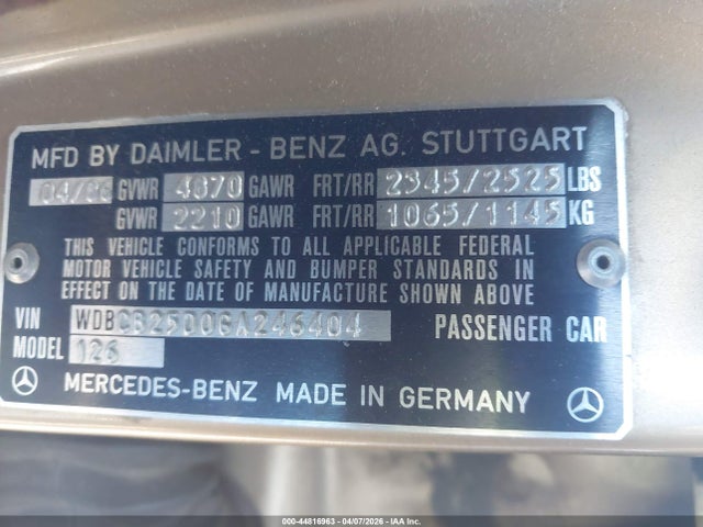 Продажа на аукционе авто 1986 Mercedes-benz 300 Sdl, vin: WDBCB25D0GA246404, номер лота: 44816963
