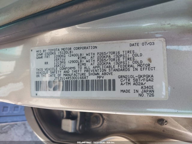 2003 TOYOTA 4RUNNER JTEZU14R530016687 Photo 8